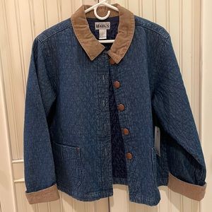 Blue quilted denim jacket with tan corduroy trim size L.